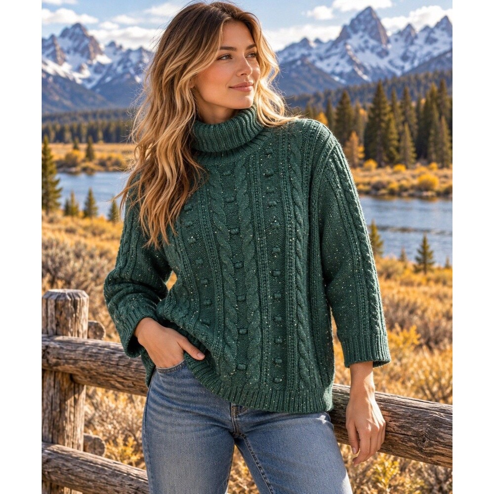 Lands’ End Women’s XL Cable Knit Turtleneck Sweater Green Cotton Wool Chunky